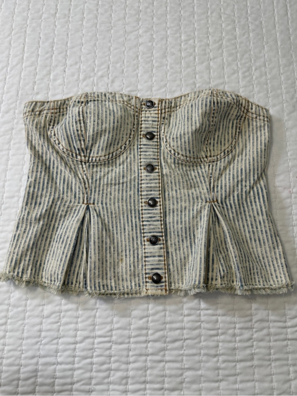 Pilcro By Anthropologie Cream And Faded Blue Striped Strapless Peplum Corset Top - Picture 14 of 16